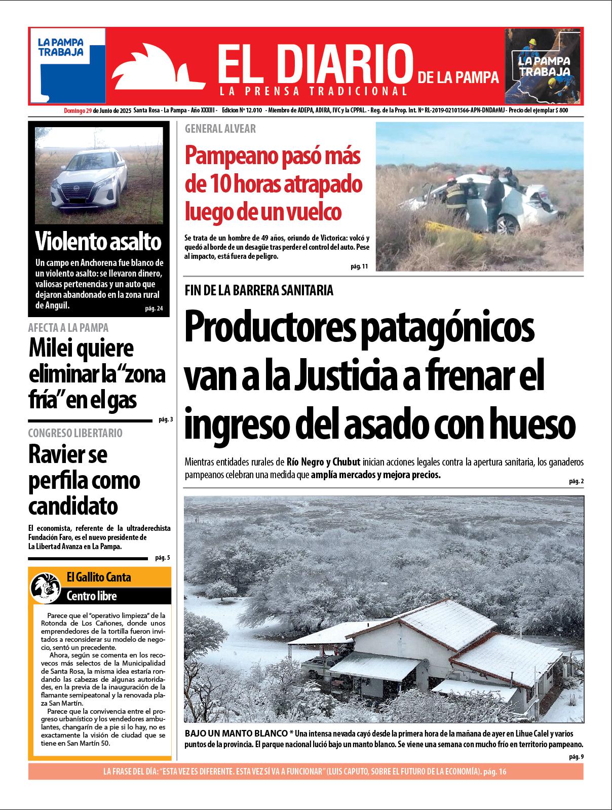 Tapa de El Diario en papel  domingo 29 de junio de 2025